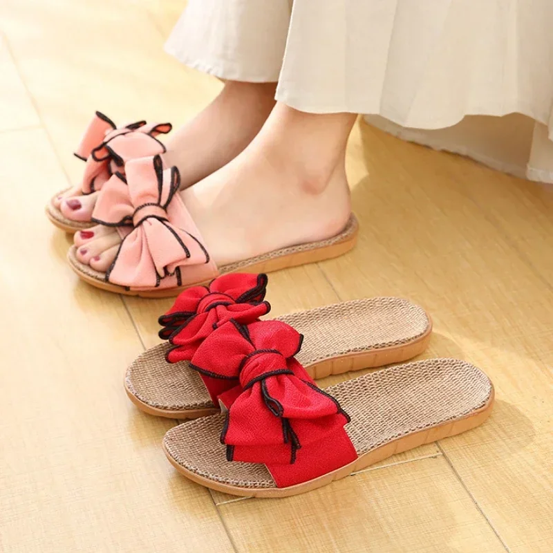 Chanclas informales de verano para mujer, cómodas zapatillas de lino, chanclas de lino con lazo a rayas, sandalias con plataforma, zapatos de interior para mujer