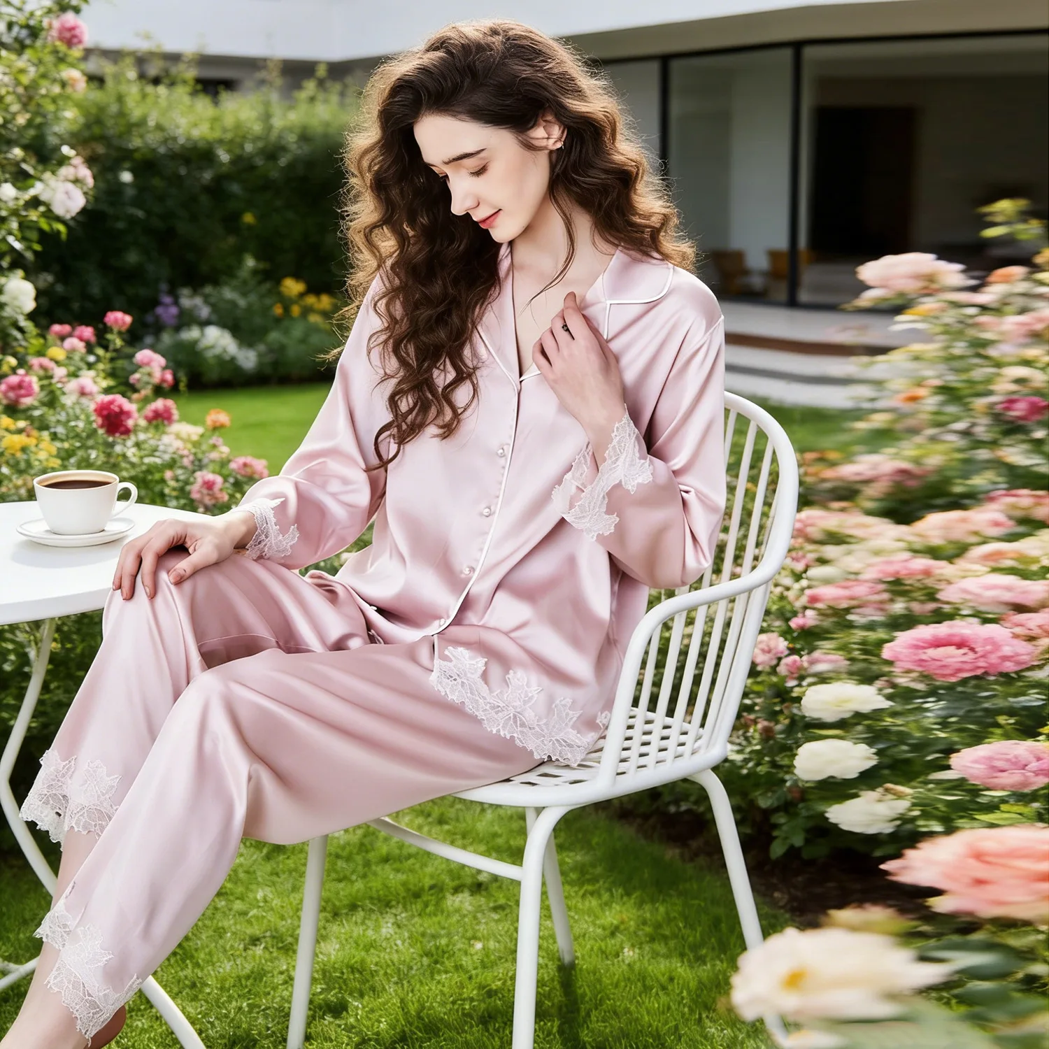 Ladies Full Length Silk Loungewear 100% Pure Mulberry Silk Long Sleeve Pants Lace Trim Pearl Buttons Elegant Nightwear