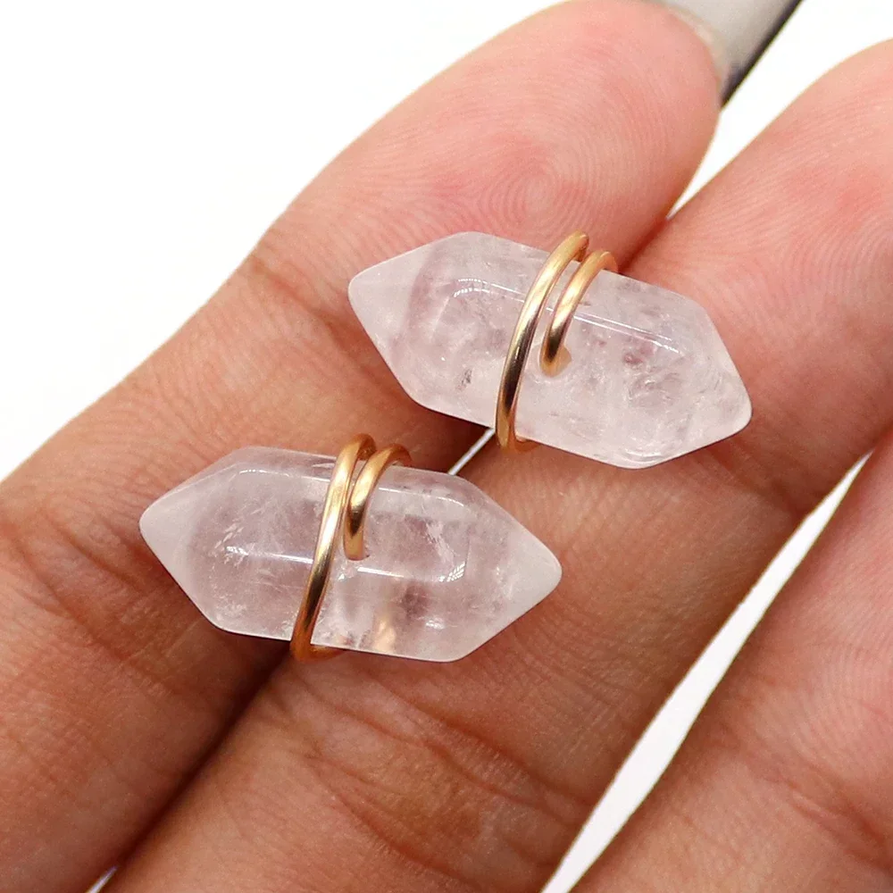 

Exquisite Natural Stone Crystal Polished Double-Headed Hexagonal Column Handmade Wired Stud Earrings Jewelry Gift Accessories