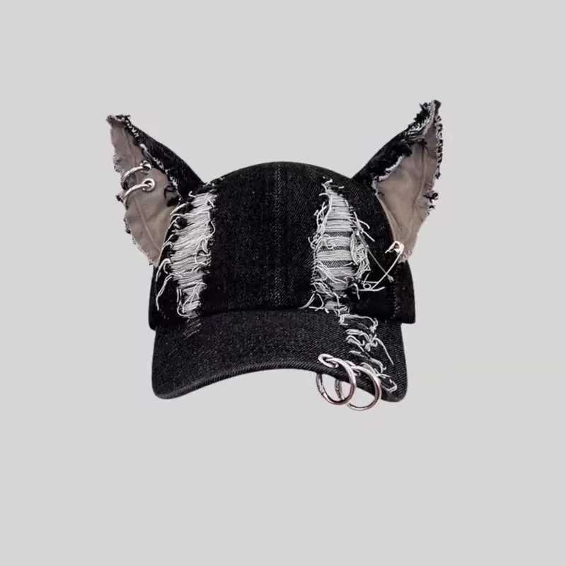 Unisex Retro Cowboy Hip Hop Baseball Cap Y2K Plain Punk Dobermann Ears Denim Hole Metal Chain Tropical Performance