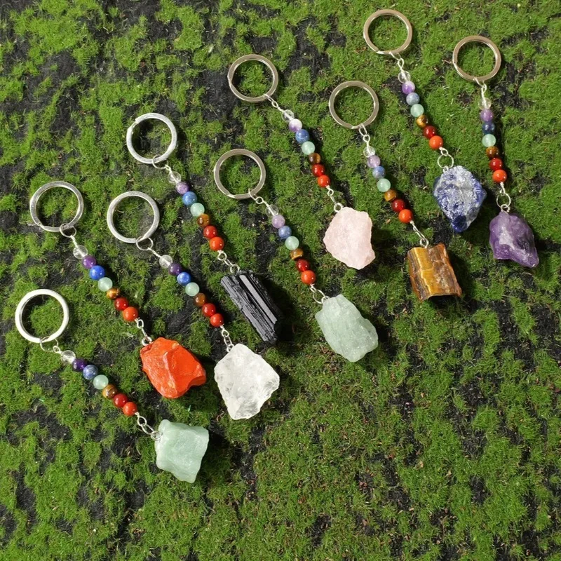 10pcs Reiki Energy Healing 7 Chakra Beads Keychains Key Ring Raw Stone Pendants Handicraft Jewelry Festival Gift