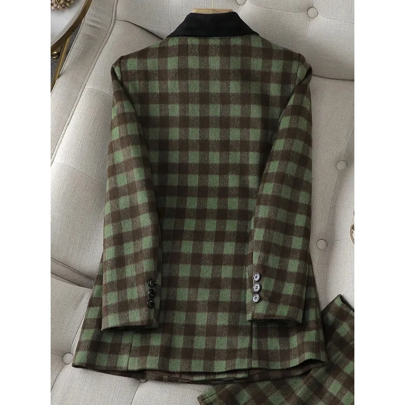 Plaid Thick Women Suit Blazer Autumn Spring Green Apricot Female Coat Office Ladies Long Sleeve Triple Breasted Straight Jacket