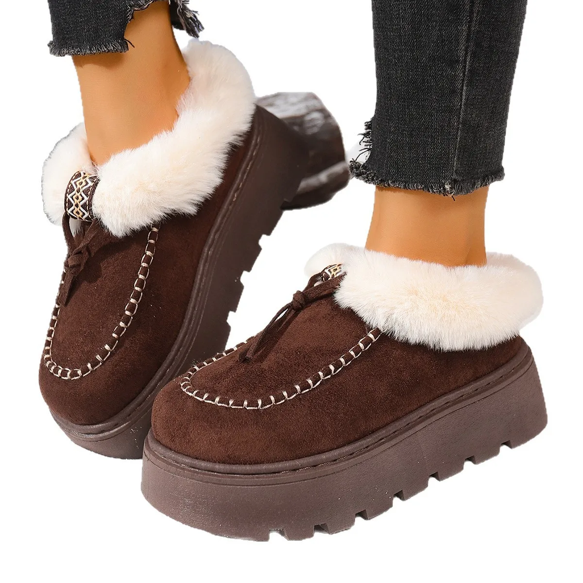 

2025 Fleece Neck Snow Boots Winter New Round Toe Suede Sleeve Platform Sole Non-slip Wear-resistant Cotton Shoes