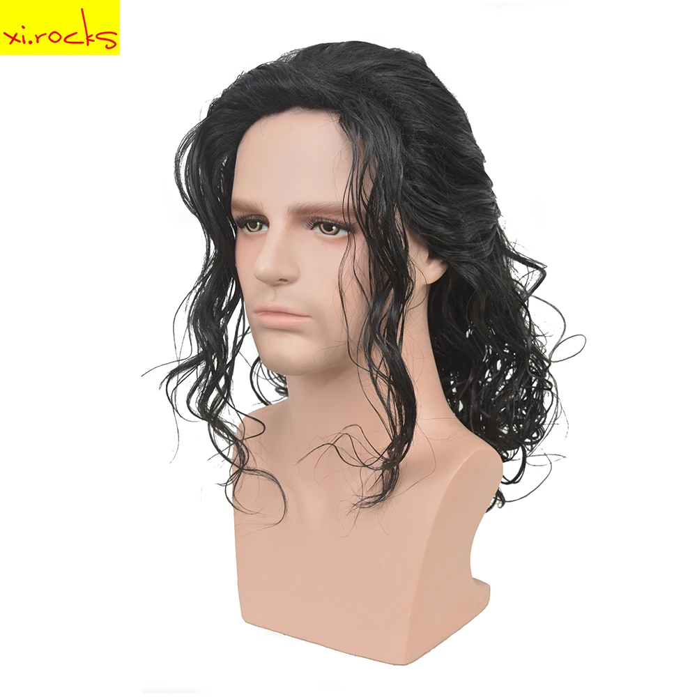 Xi-Rocks AD3499 Michael Jackson Cosplay Black Wig Michael Role Play Medium Long Curly  Hair  Halloween Cos Wigs