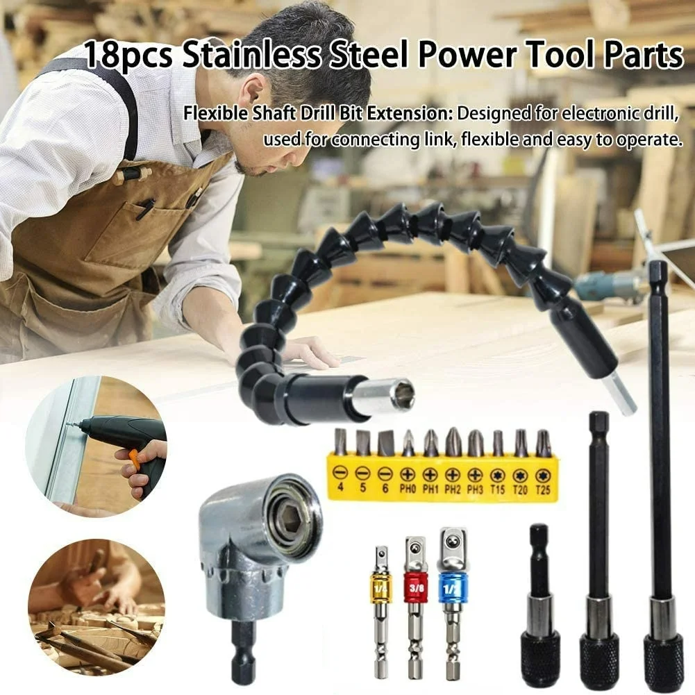 18pcs Universal Chrome-vanadium Steel Power Tool Parts, Flexible 105 Degree Right Angle Drill Bit Extension Socket Adapter Set