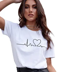 Women's Love Heart Print T-Shirt, Plus Size, Electrocardiogram, Funny Woman Tee Tops, Casual Female T-shirts, Summer