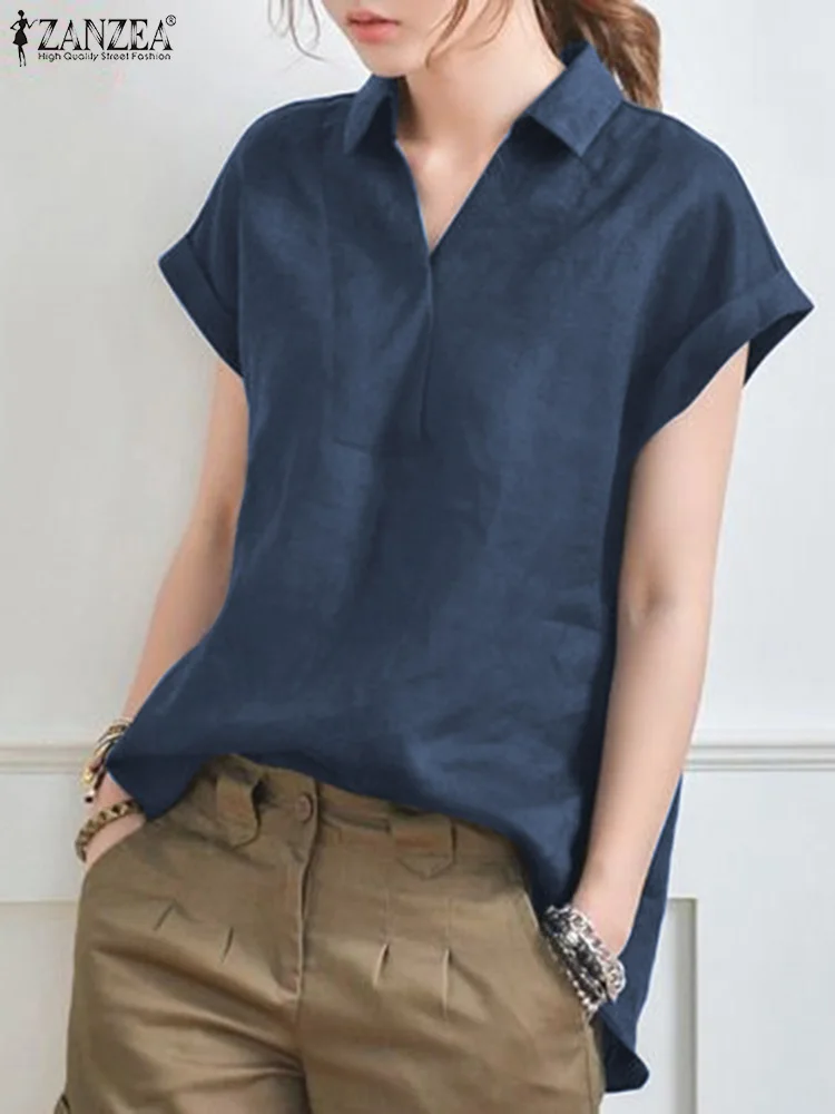 2023 Summer Stylish Cotton Blouse Women Vintage Short Sleeve Shirt ZANZEA Elegant Loose  Office Work Chemise Slim OL Tunic Top