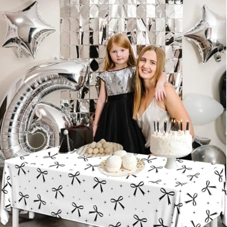 3 Pack Black Bow Tablecloth Coquette White Black Bow Theme Party Decorations Disposable Rectangle Waterproof Table Cover for Wo