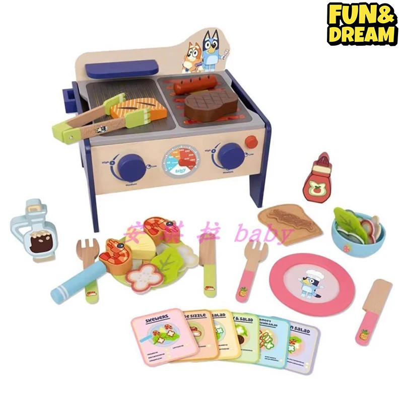 Bluey-子供向けのキッチンシミュレーション玩具,ガスコンロ,バーベキュー,アフタヌーンティー,食器,教育玩具,誕生日プレゼント