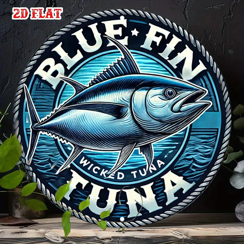 2D Flat, 2D Flat 1pc Tuna Graphic Round Aluminum Sign, Ocean Life Metal Tin Sign - Seafood Illustration Rustic Metal Wall Art,