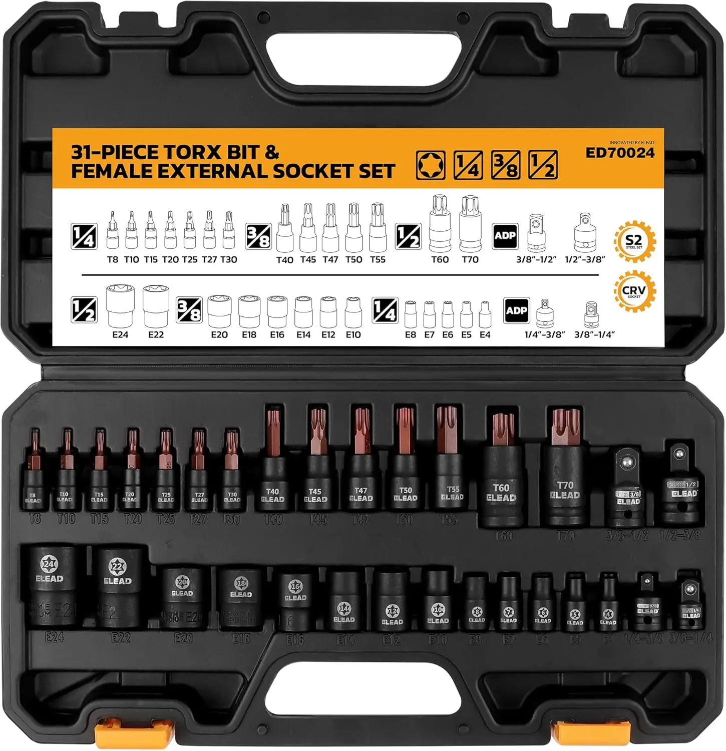 

ELEAD 31PC Torx Bit Socket Set Premium CR-V & S2 Alloy Steel Star T8-T70 & E-Torx E4-E24 High Torque Laser Marked