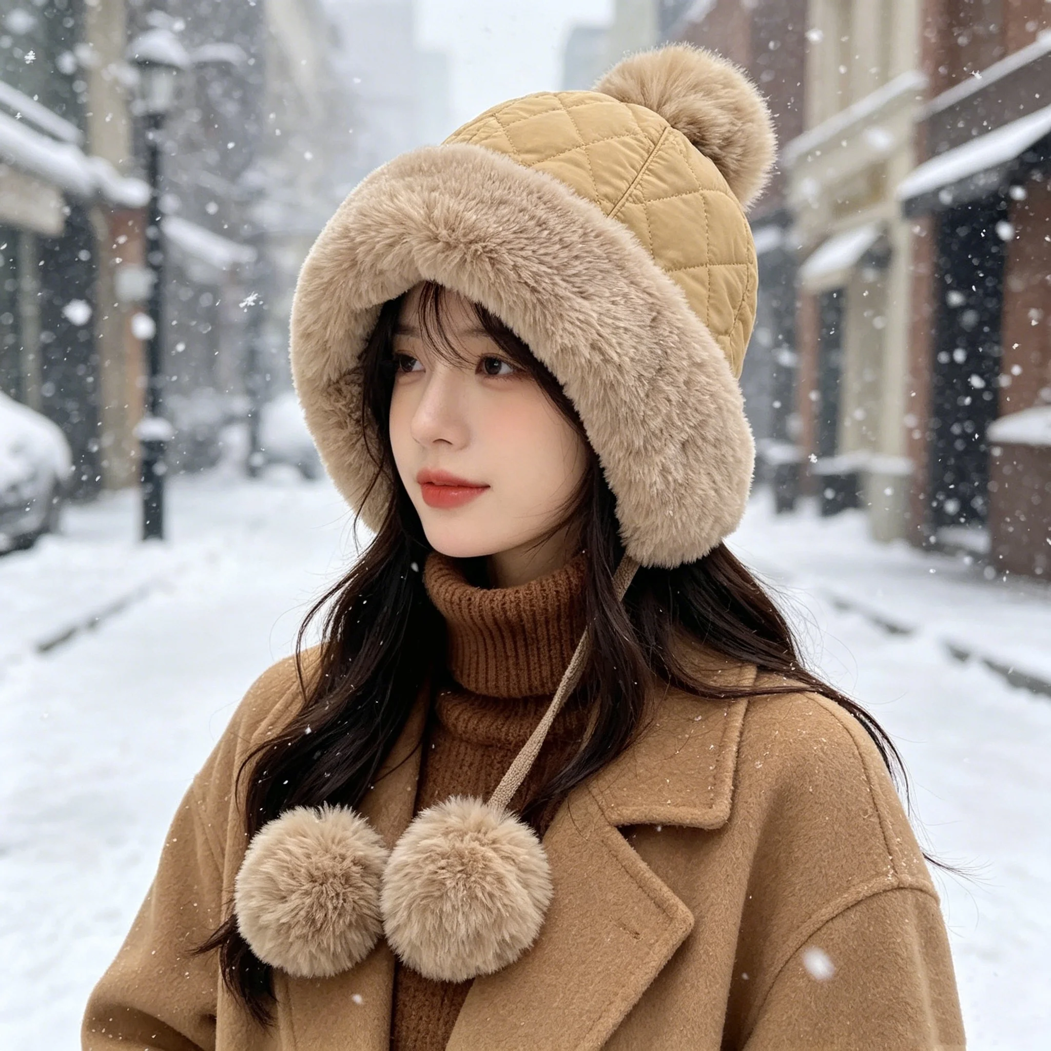 Women's Winter Quilted Earflap Hat, Diamond-Patterned Quilted Hat Body, Plush Earflaps, Tie-On Pom-Pom Top, Thickened for Warmth and Cold Protection, Versatile Hat for Outdoor Wear with Sweaters and Coats on Snowy Days