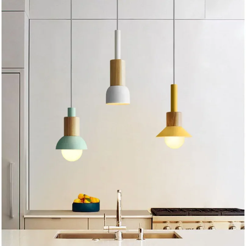 

Modern Nordic Simple Wood Pendant Lights Macaron Led Hang Lamp Colorful Iron Art Loft Fixture Kitchen Bar Hotel Home Decor E27