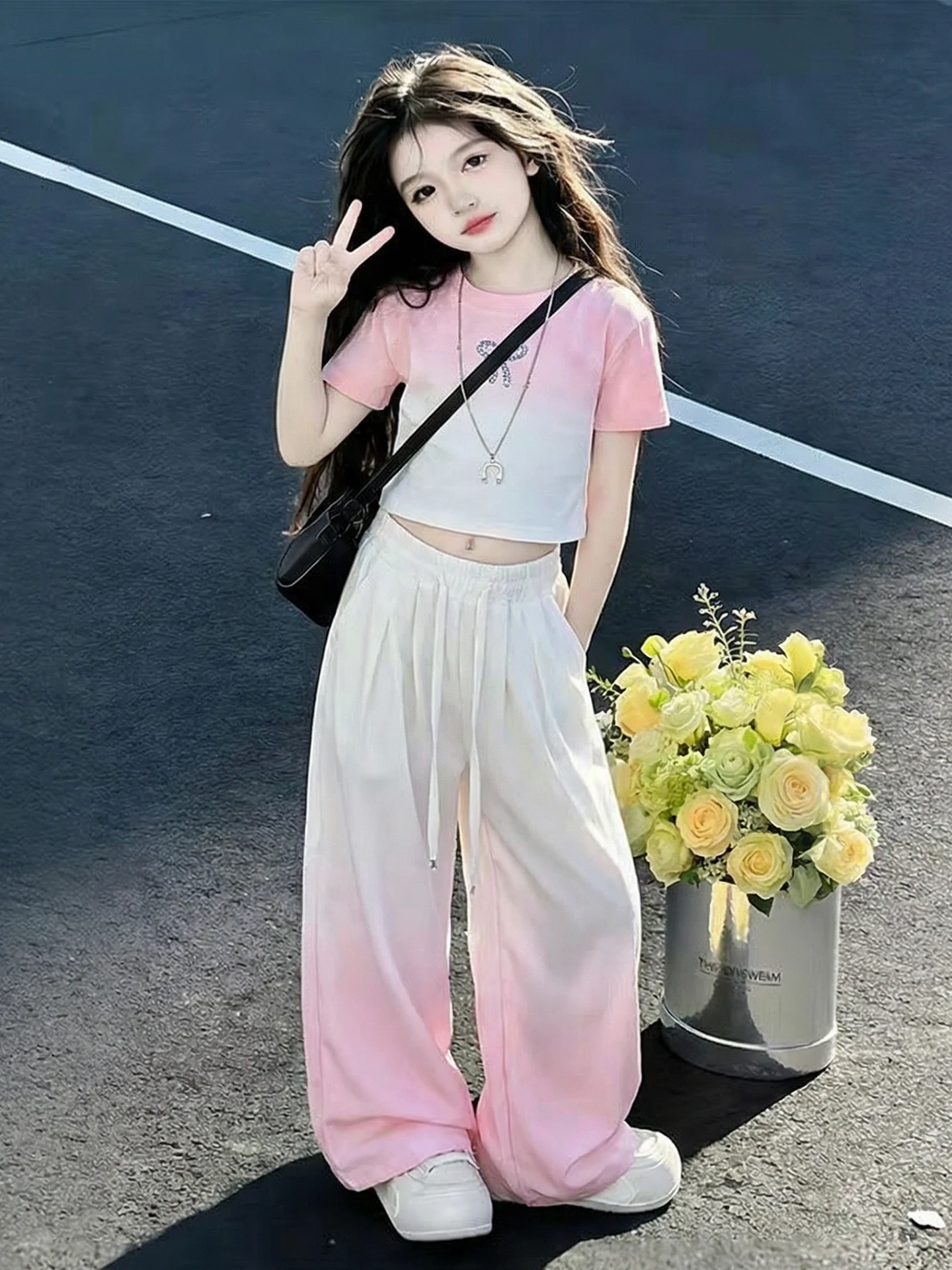 女の子の夏服セット薄い半袖長ズボン韓国風綿服通気性と洗濯可能な子供用アンサンブル