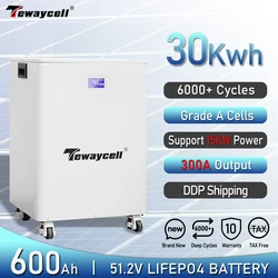 Tewaycell New 30KWh 20KWh 51.2V Lifepo4 Battery 600Ah 400Ah 51.2V Powerwall 6000+Cycles 16S BMS Mobile ESS Solar System NO TAX