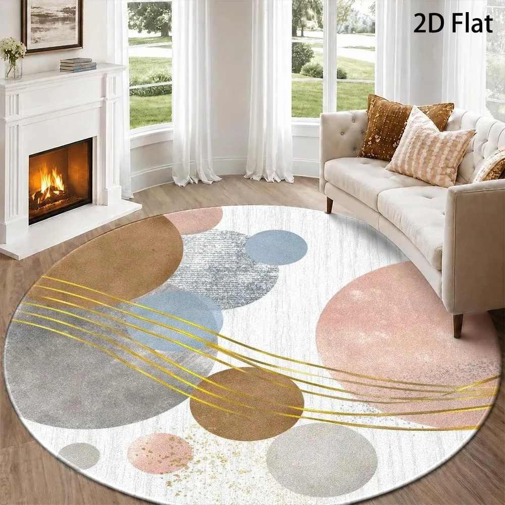 Modern Abstract Geometric Round Rug Color Circle Golden Line Foil Texture Print Circular Floor Mat for Living Room Bedroom
