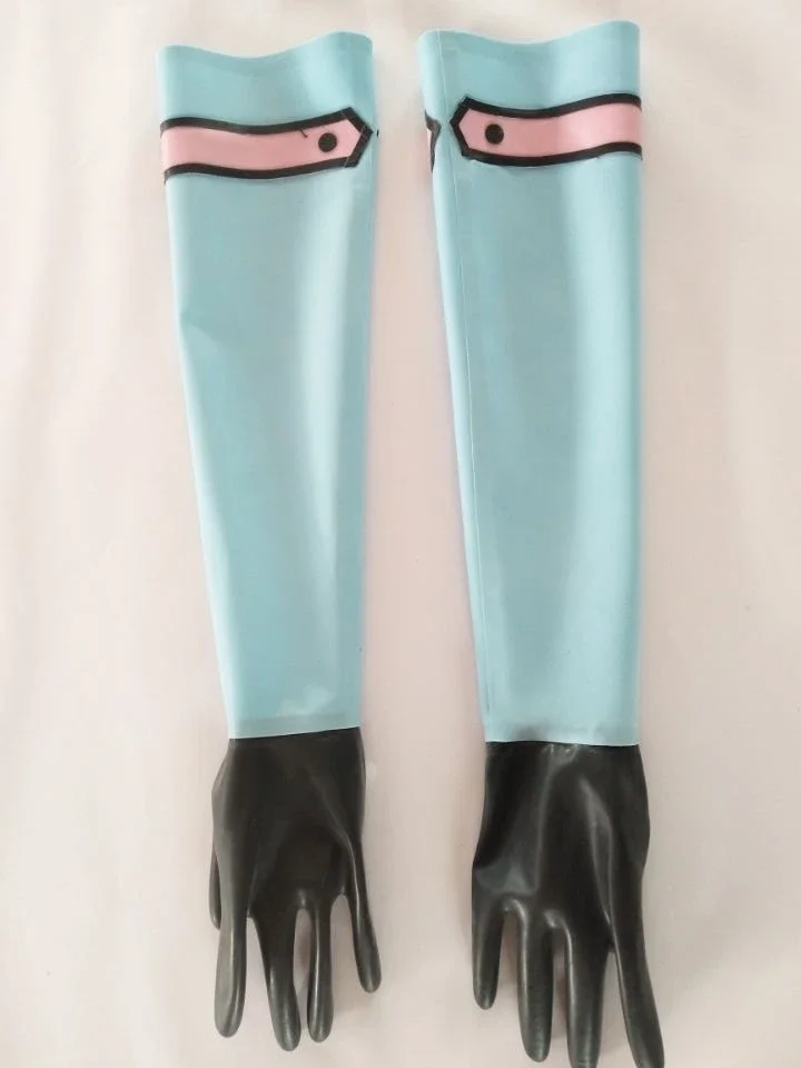 

Latex 100% Rubber Gloves Five Finger Handschuhe Long Light Blue with Black Easy Wear XS-XXL