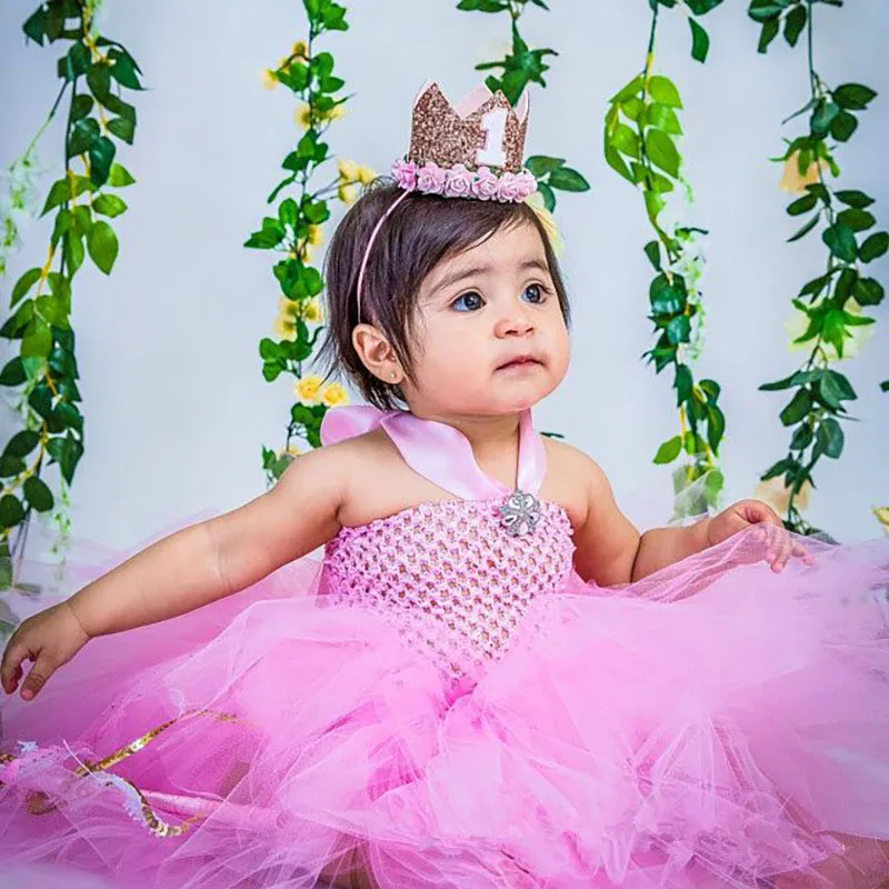 Cute Baby Pink Dress Infant Girls Crochet Tulle Tutu Dresses with Flower Hairbow Newborn 1st Birthday Party Photography Costumes