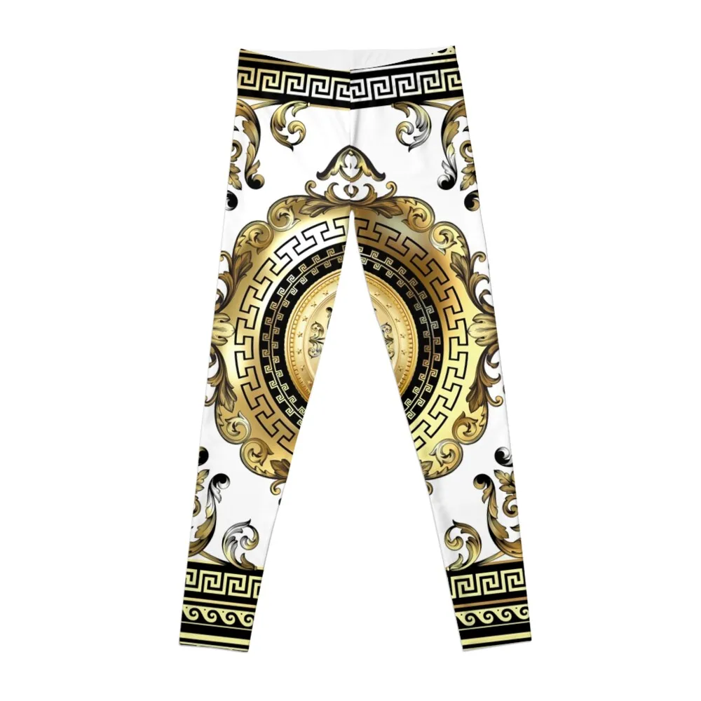 

Ornate Baroque White Gold Black Greek Key Border Leggings push up fitness leggings sports tennis for Women sport leggings woman