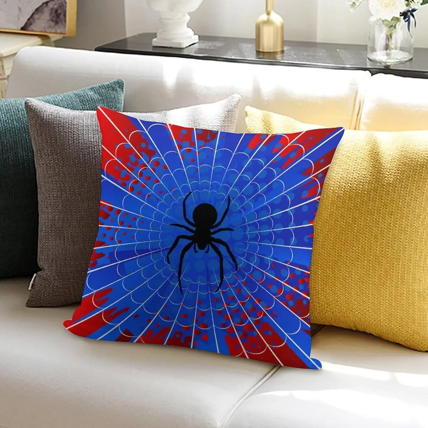 Spider web pillow cover for boys teenagers, 18x 18 inch, blue and red spider design cushion cover sofa home decoration