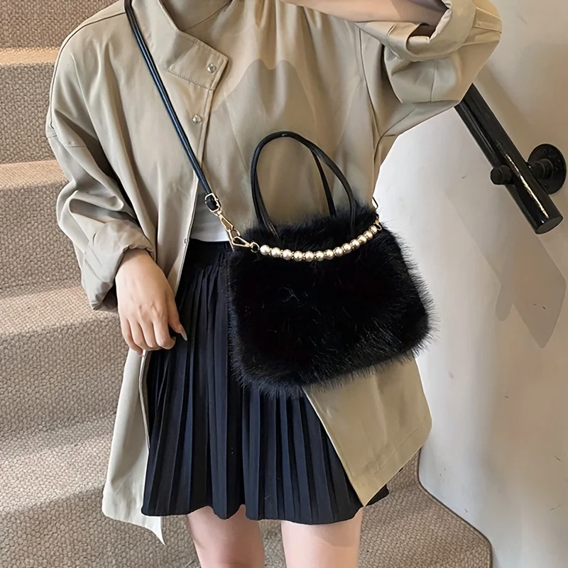 Fashion plush handbag niche shoulder bag versatile pearl chain temperament messenger bag