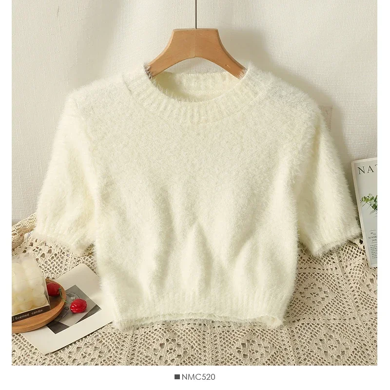 Gagarich Plush Slim Fitting Short Style Knitted Sweater 2024 Autumn Women New Gentle Short Sleeved Pink Bottom Layer Sweater Top