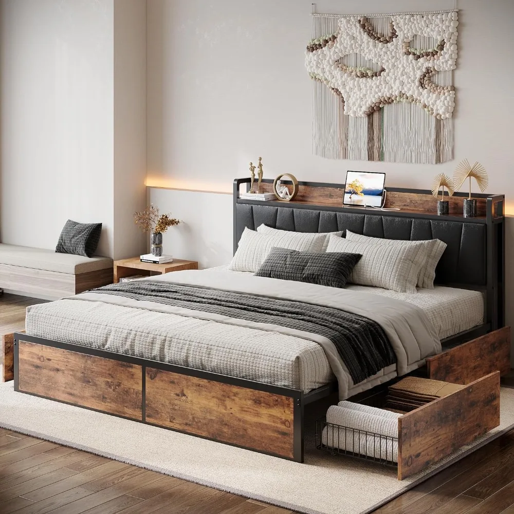 King Bed Frame with 4 Storage Drawers, Charged Headboard, Sturdy and Stable, No Box Spring Needed, Platform Bed