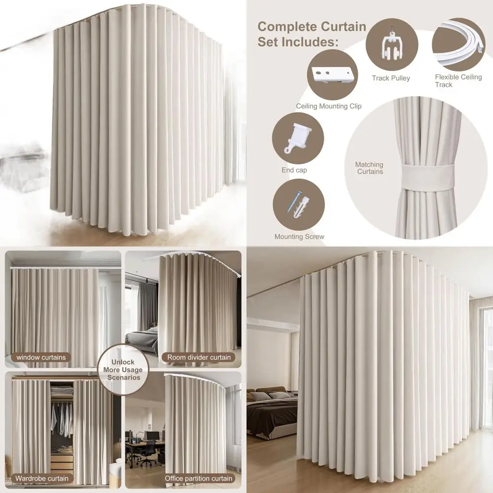 Flexible Ceiling Track Curtain Set, Beige Privacy Divider with White Rail for Living Spaces