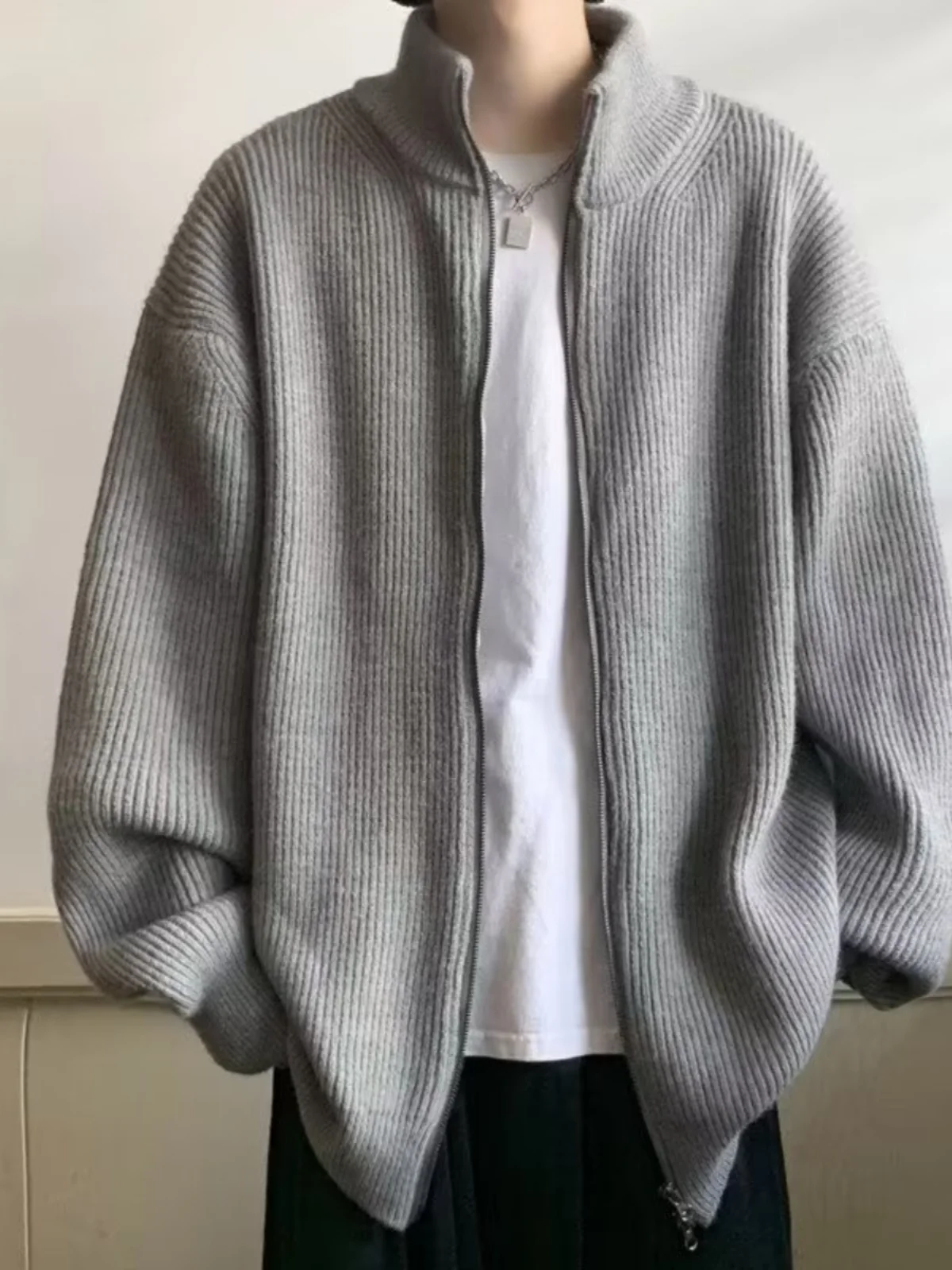 الرجال المفتوحة سترة سترة سستة تريكو فضفاض كسول Sle ملابس خارجية الخريف الشتاء اليابانية الرجعية طويلة Sve ألياف البوليستر #4