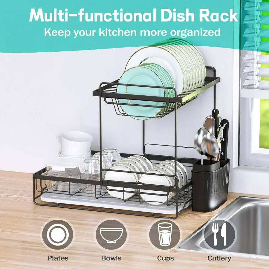 Dish Drying Rack with Stone Drying Mat, 2 Tier/Quick-Drying/Stainless/Super Sturdy/Space-Saving, Dish Strainers for Kitchen Coun