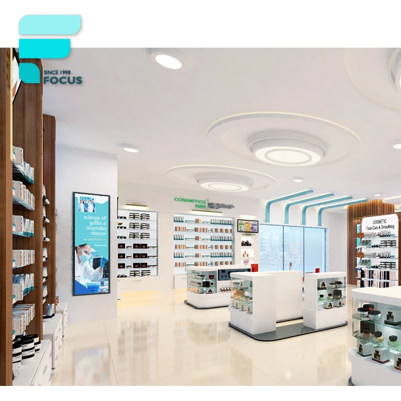 Customized-Modern Medical Store Furniture Design Wooden Pharmacy Shelves Pharmacy Display Rack Cash Counter