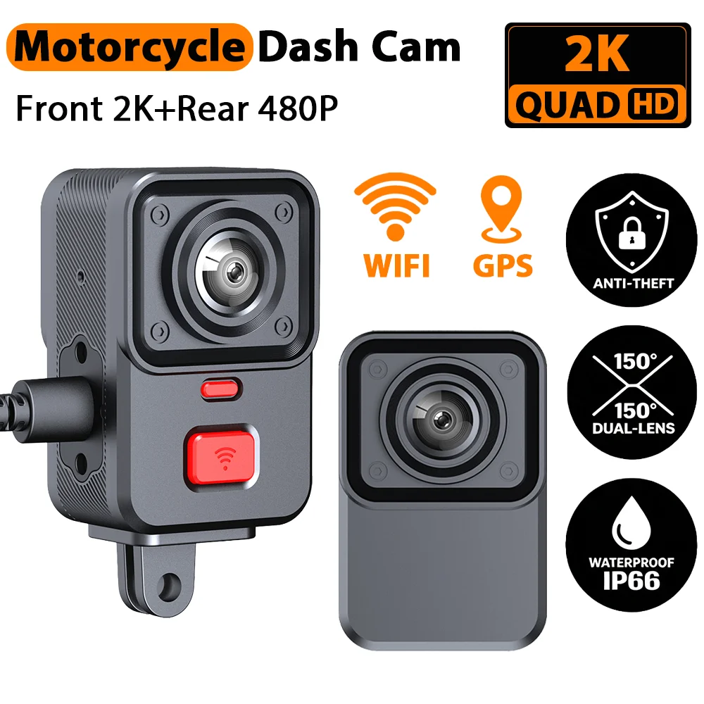 Caméra de tableau de bord pour moto, double caméra avant 2K HD et arrière 480P, WiFi, GPS, étanche IP66, enregistreur vidéo DVR, caméra de sécurité
