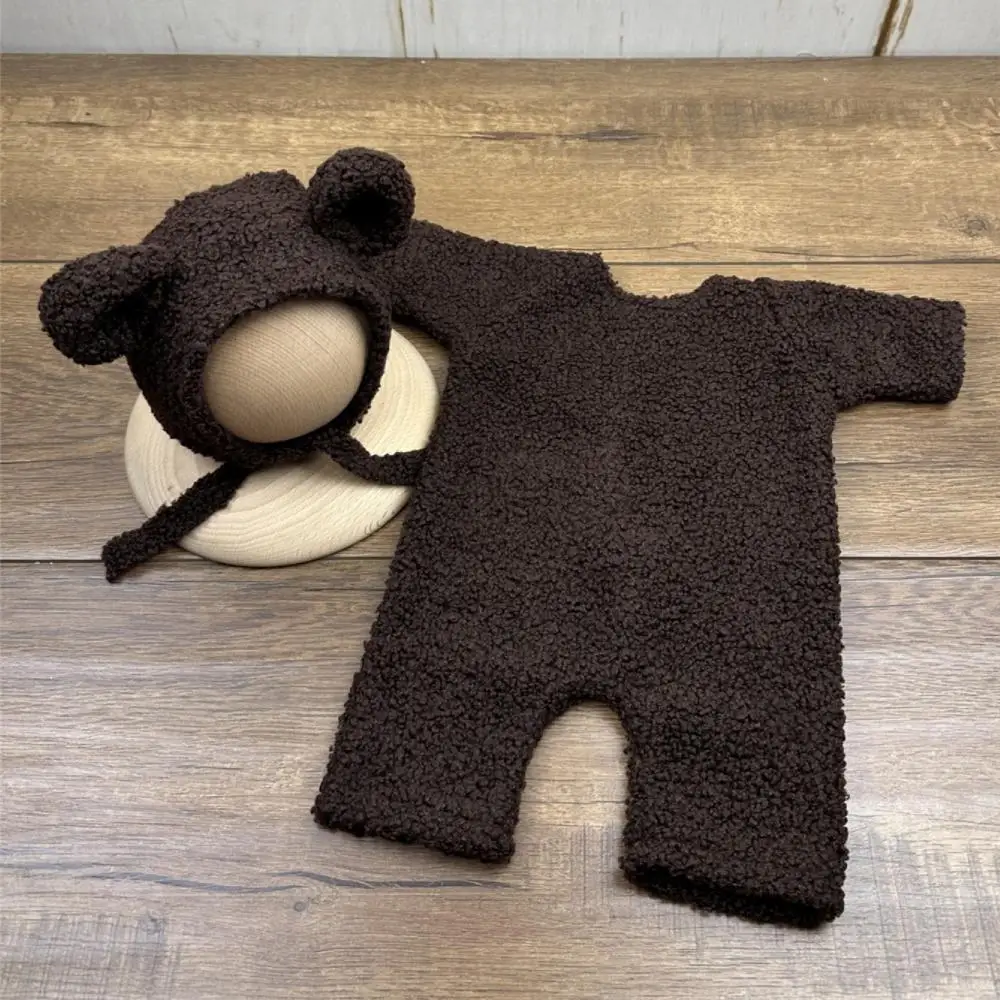 Soft Knit Newborn Photo Prop Outfit With Hat Unisex Style Bear Jumpsuit Bear Design Comfortable Fit Knit Animal Costume