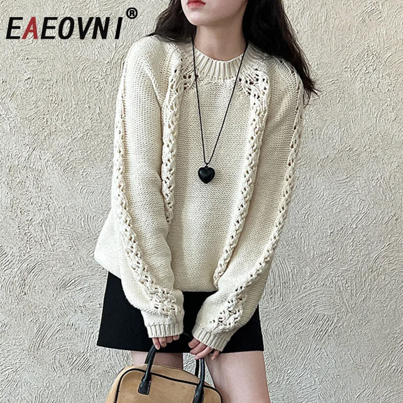

EAEOVNI Casual Wool Knitted Women's Sweater With Hat Design Hollow Out Long Sleeve Loose Solid Color Blouse Fashion Winter New