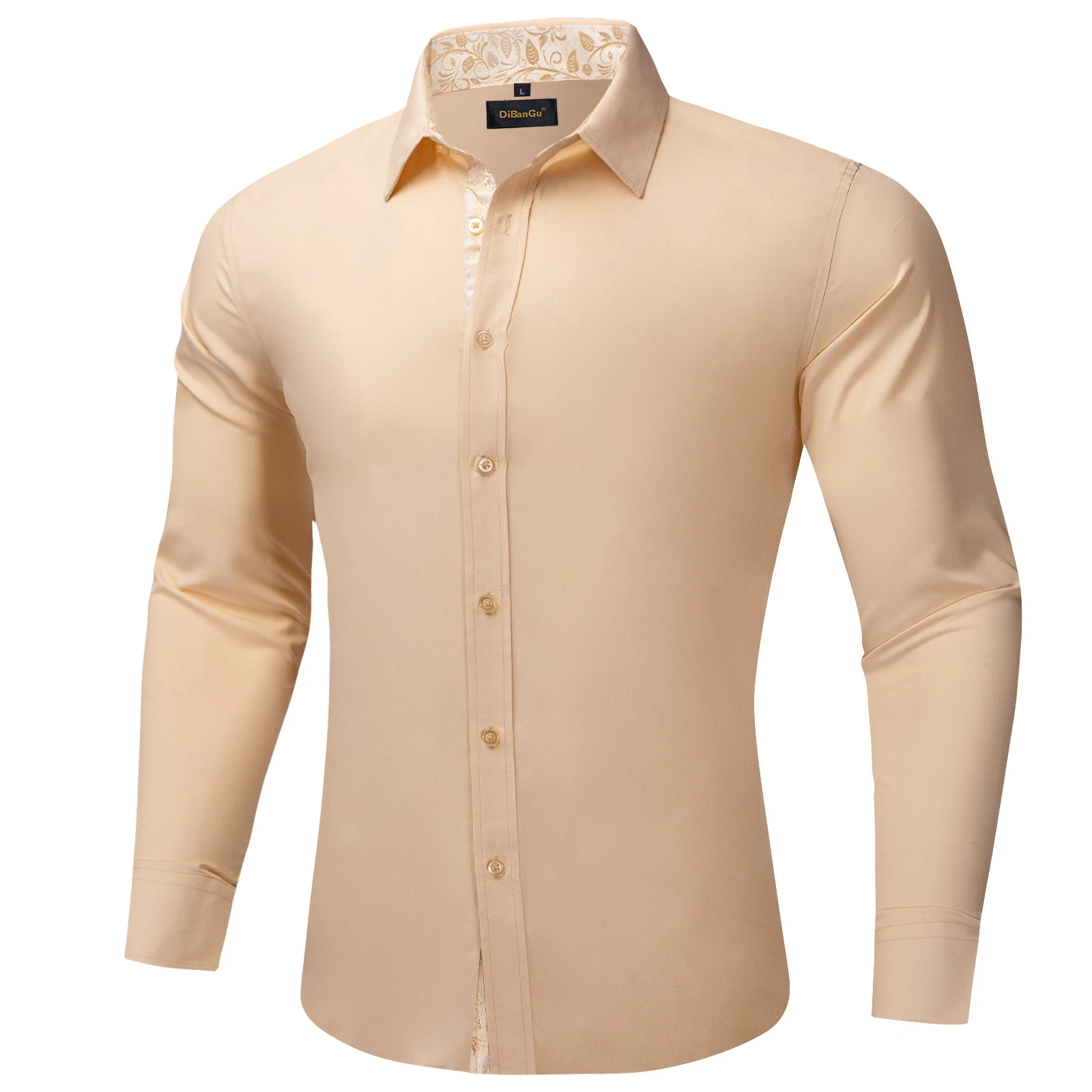 Beige Men\'s Solid Shirts Long Sleeve Fashion Casual Social Dress Shirt for Wedding Party Men Clothing