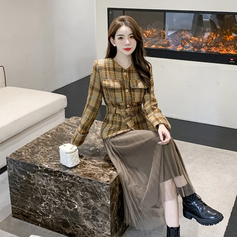 Fall Winter New Skirt Suit Women High Quality Elegant Plaid Tweed Jacket Coat+Mid Mesh Skirt Casual Evening Party Two Piece Set