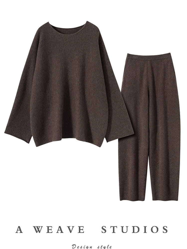 CHICUU Women 100% Cashmere Sweater Pants Suit Autumn Winter O-neck Pullover Wide Leg Pants Outfit Thickness Cashmere Set Knitted