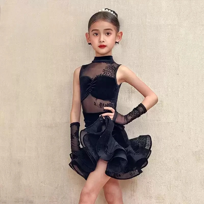 

2025 Girls Latin Dance Costume Childrens High-Neck Mesh Performance Clothes Black Sleeveless Practice Dancing Clothing XH2774