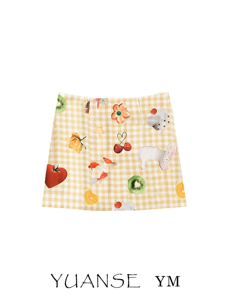  Cartoon Fruit Print Plaid  Skirt Women's A-Line Half-length Skirts Spring Summer New Style Sweet Young-looking