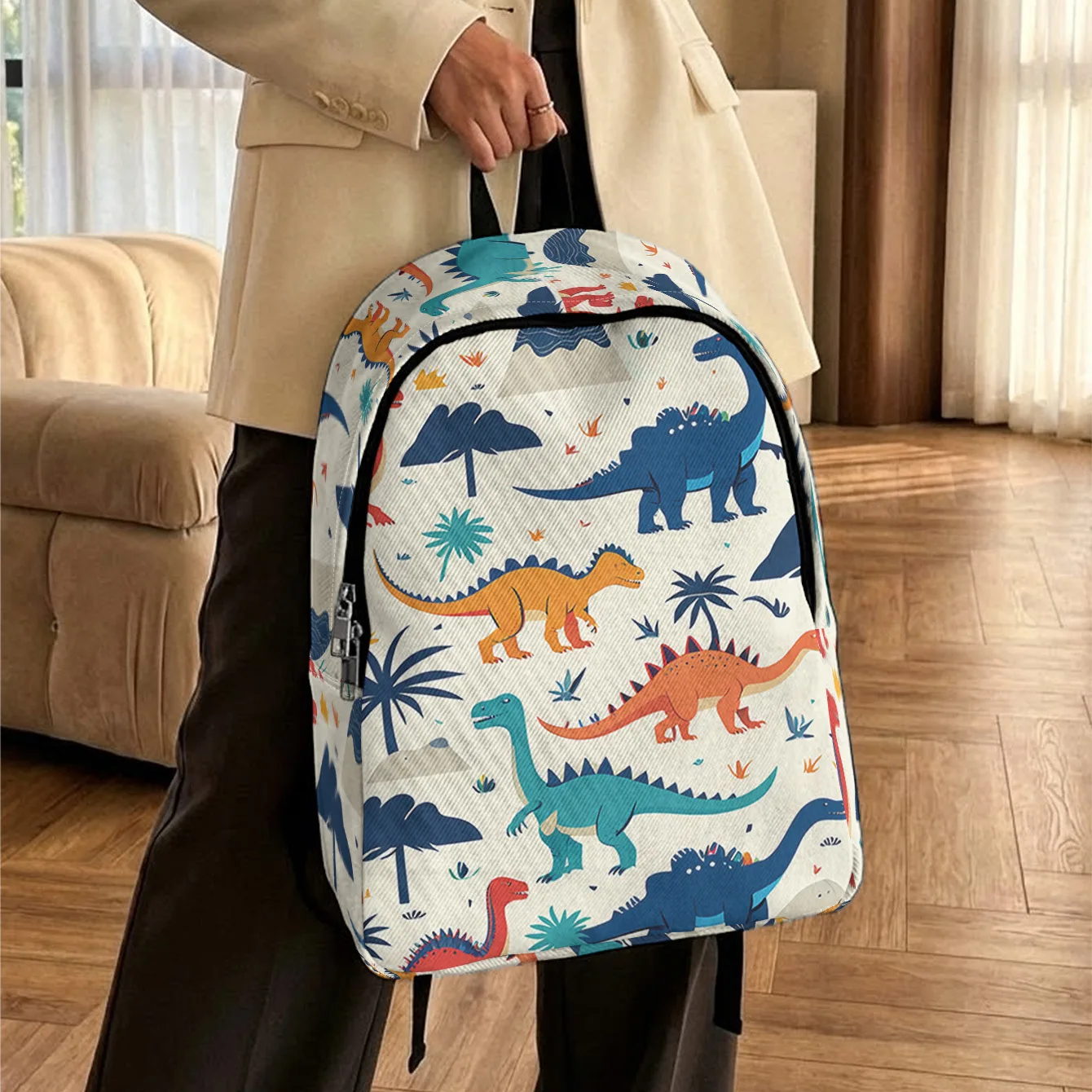 Multicolor Dinosaur and Tropical Plant Pattern 2D Print Large Capacity Rucksack Load-Reducing Shoulder Straps