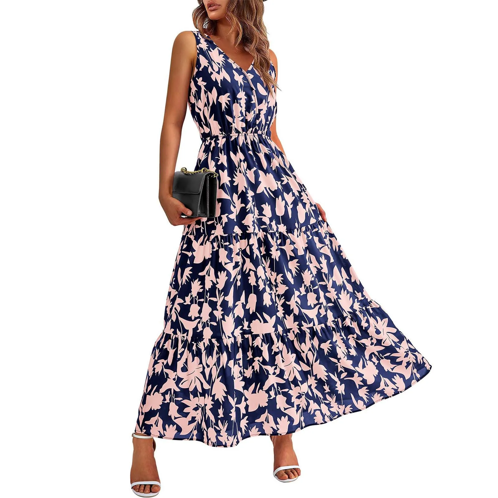 Women'S Flowing Dresses Summer New Casual Resorts Style Long Dresses Daily Date Sweet Floral V-Neck Comfy All-Match Tank Dress