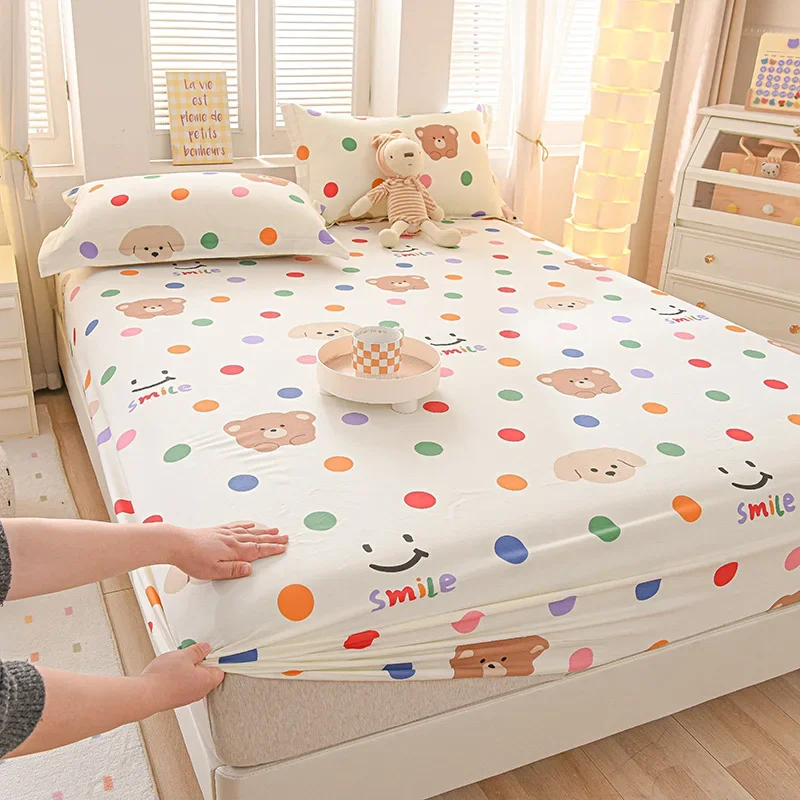 Colorful Polka Dots Cotton Fitted Sheet Set for Kids Adults Women Cute Bear Geometry Bedding Set Dots Bed Cover Bedroom Decor