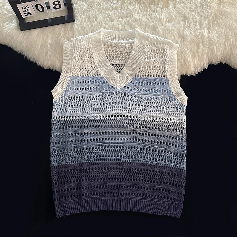 

Color Contrast Vintage Stripe Baggy Knitted Sweater Vest Washed Knitwears Tank Top Tide Dyeing V-Neck Sleeveless Pullovers B38