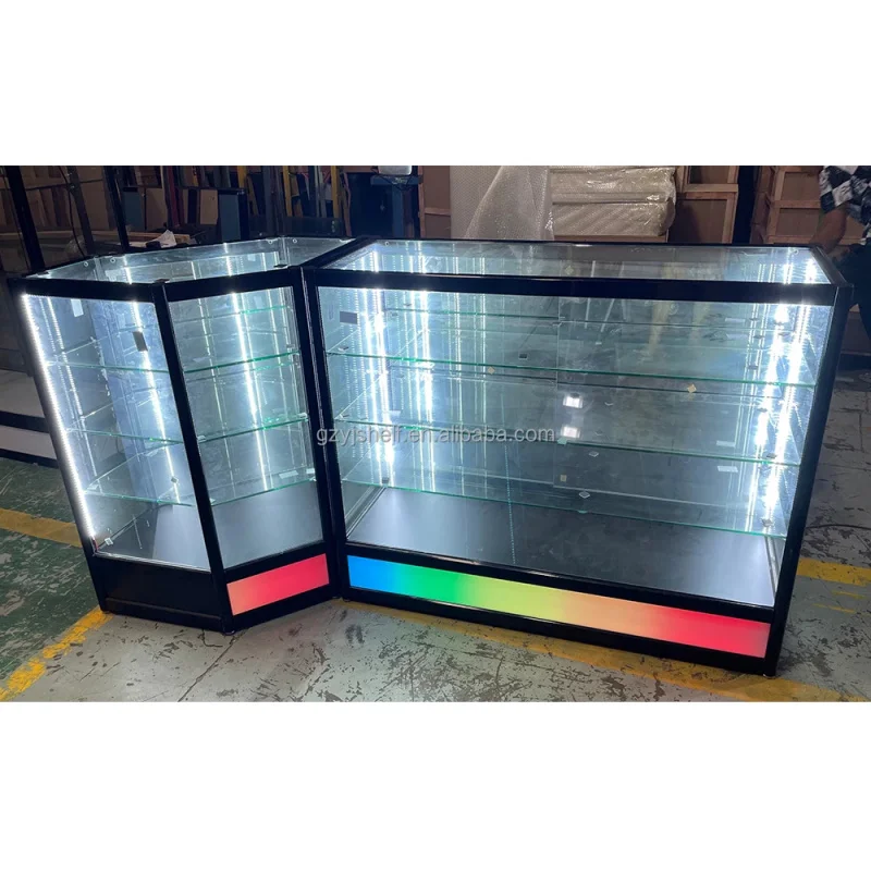 custom.Dynamic LED Lighting Effect Glass Display Cabinet with Mirror Sliding Door Convenience & Variety