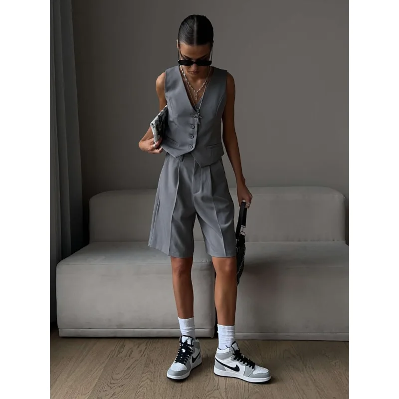 V-neck Single-breasted + Straight Suit Shorts Fashion and Leisure Cross-border Vest Suit Europe and America 2026 Spring  Summer