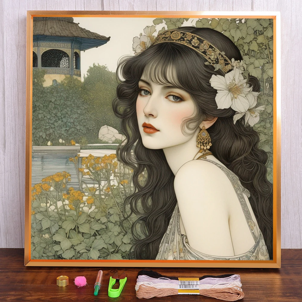 

Portrait Girl Flower Printed Canvas Cross Stitch Set DIY Embroidery Craft Handmade Handicraft Sewing Package Counted Room Decor
