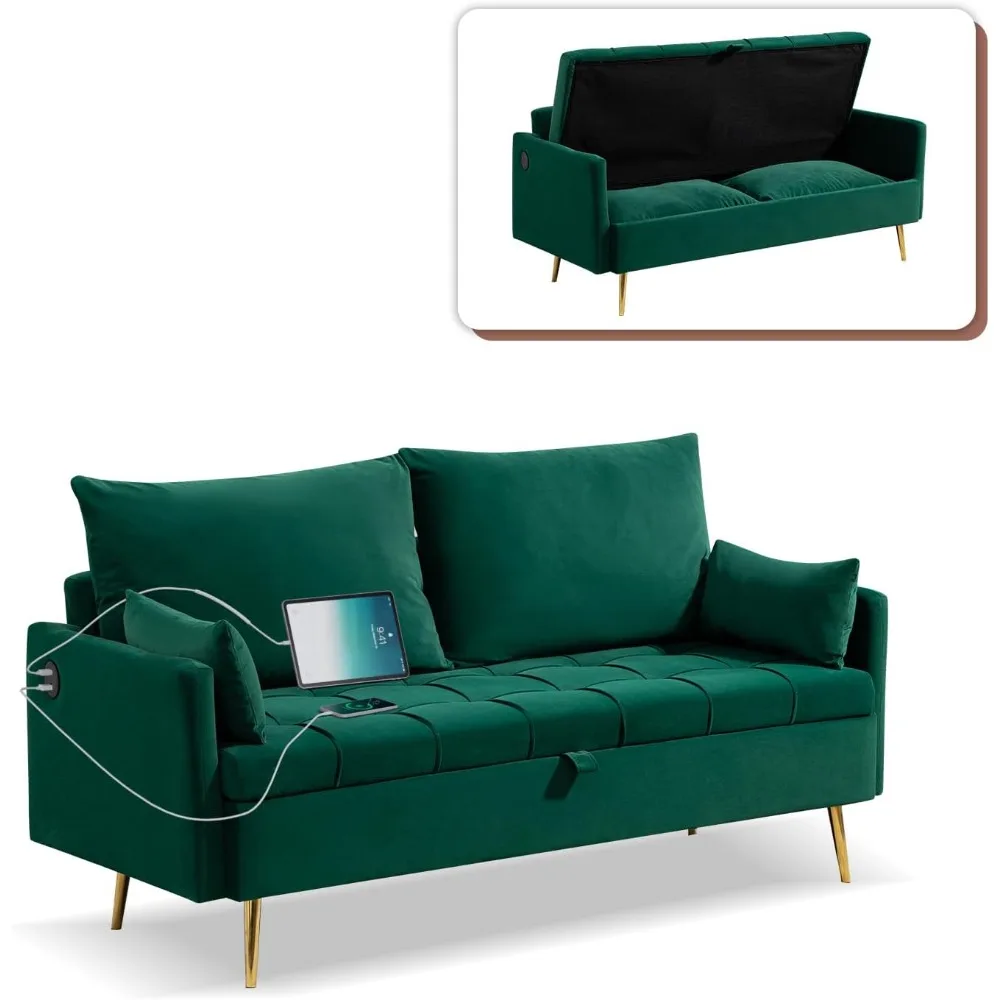 

60'' Velvet Loveseat Sofa Couch with Storage, Modern Loveseat Couch with 4 Pillows & Metal Legs, Small Loveseat Sofa with USB &