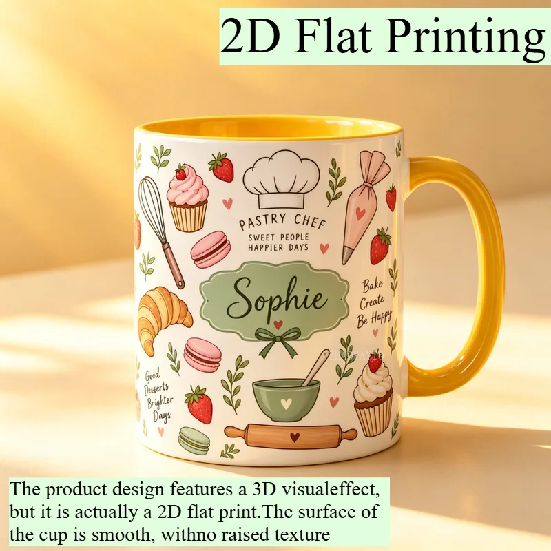 Custom Name Ceramic Coffee Mug 2D Print Cupcake Macaron Dessert Design Novelty Tea Cup Table Decor Birthday Christmas New Year T