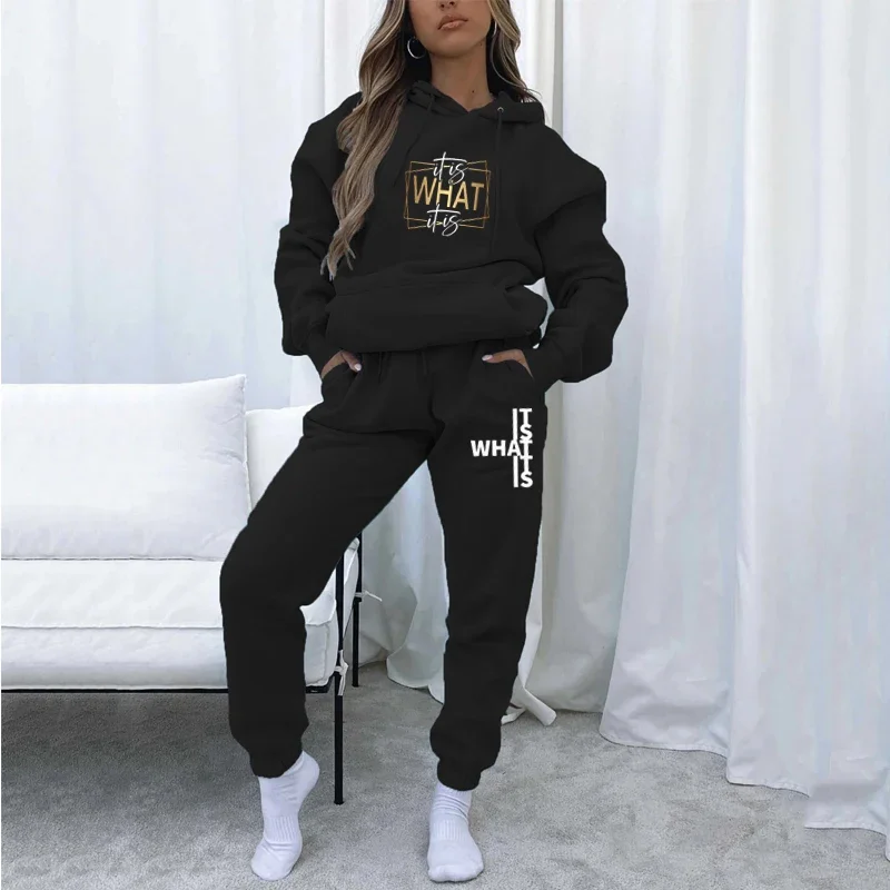 It Is What It Is Print Women Sport Tracksuit Casual Hoody Sweatshirt and Black Sweatpants 2 Piece Set Outdoor Clothing Outfit