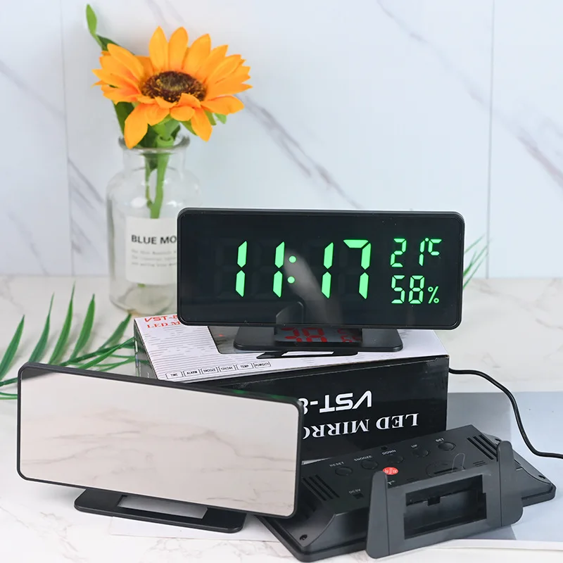 Mirror Digital Alarm Clock with Temperature Humidity 3 Alarms Snooze Desk Table Clock Night Mode 12/24H USB Electronic LED Clock